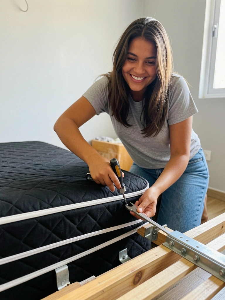 Pessoa montando base de cama box com ferramentas em ambiente interno.