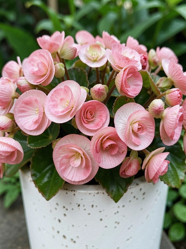 Begônia florida em vaso de cerâmica sobre superfície clara, com folhas verdes e flores rosadas.