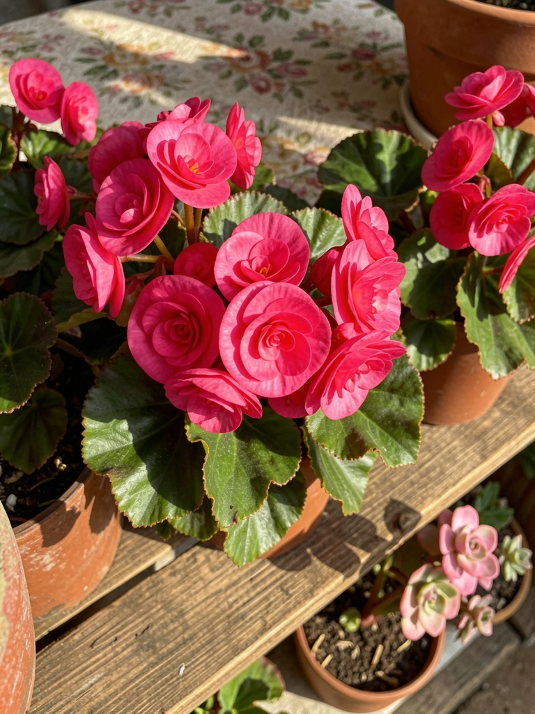 Begônias cor-de-rosa intensa em vasos sobre prateleira rústica de madeira, com suculenta rosa e toalha floral ao fundo, iluminadas por luz natural.