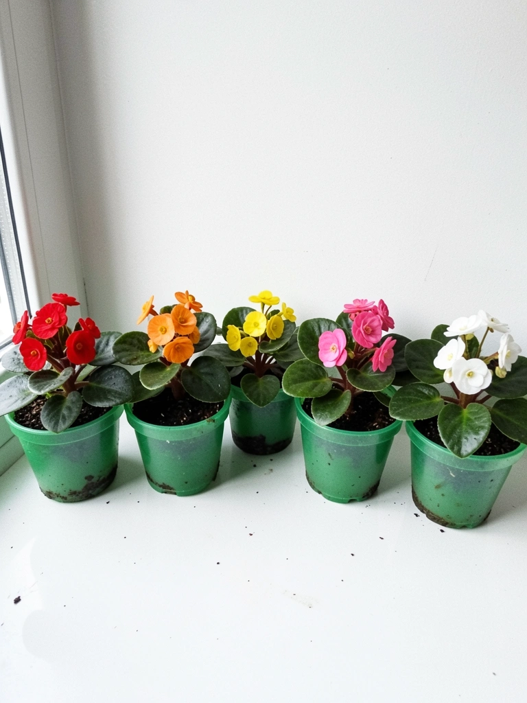 Begônia fibrosa com flores pequenas em tons de rosa e verde.