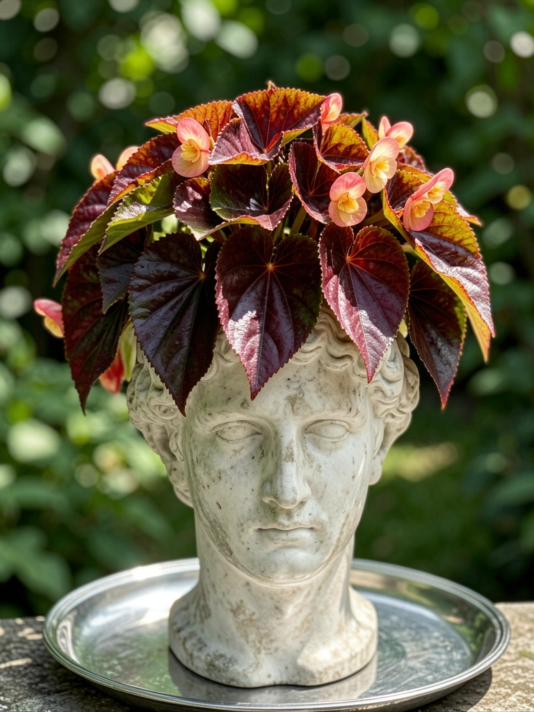 Busto de mármore com begônia de folhas vinho e amarelo sobre bandeja prateada, luz natural filtrada por jardim desfocado ao fundo.