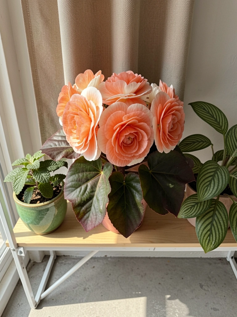 Begônia tuberosa com grandes flores dobradas em tons de rosa e laranja.