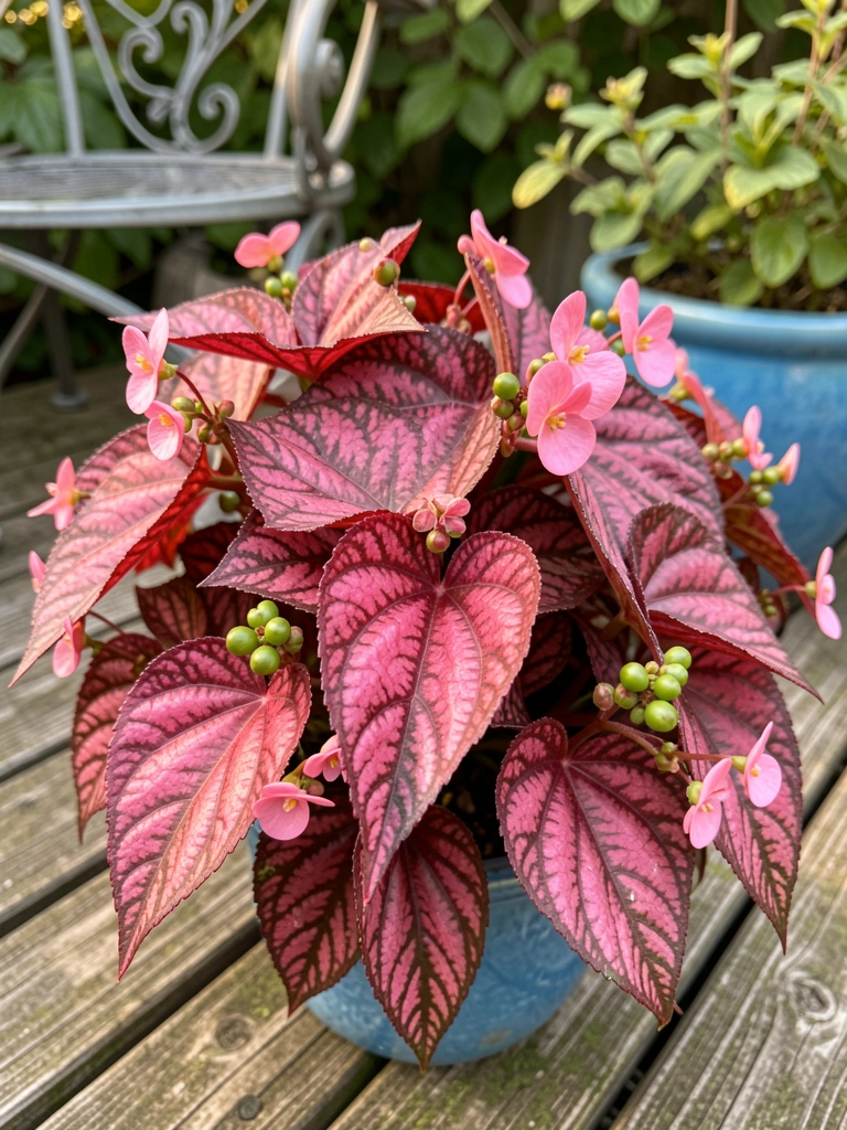 Begônia Cerosa com folhagem rosa e vinho, flores delicadas e bagas verdes, luz natural suave em vaso azul sobre deck de madeira desgastado.