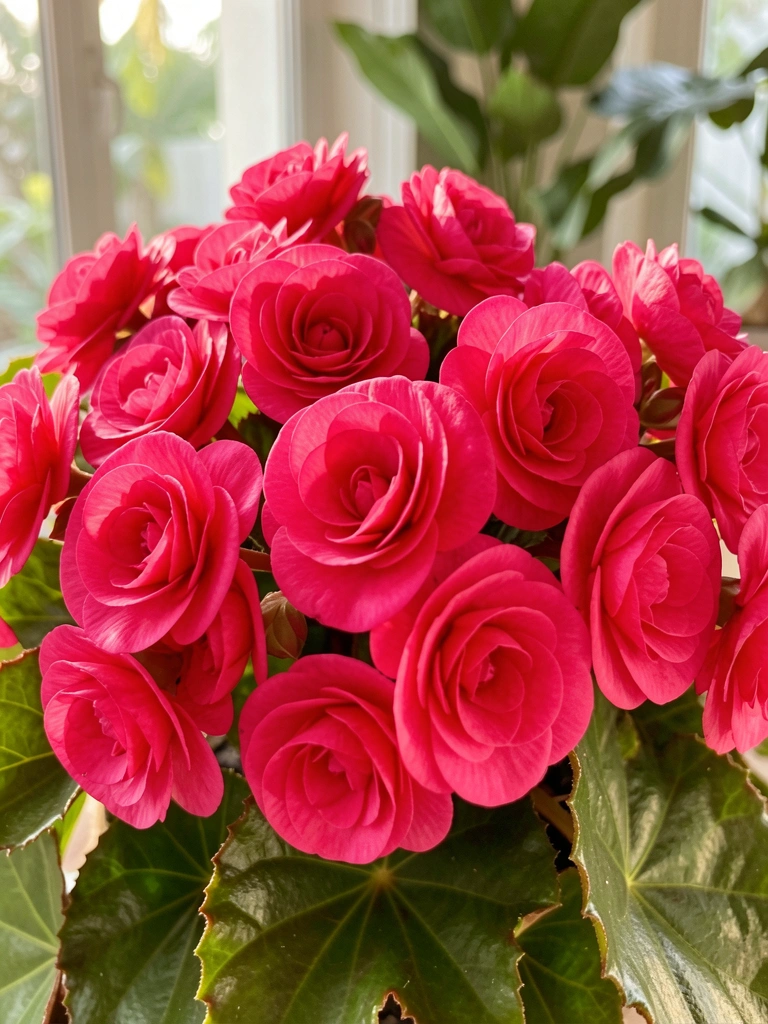 Begônia Rex com pétalas rosa vibrante e folhagem verde, luz solar difusa cria destaques quentes, fundo levemente desfocado.