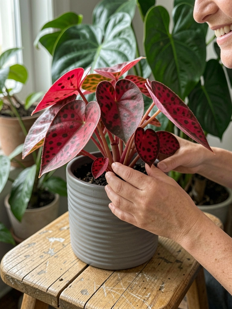 Mãos segurando um vaso com begônia de folhas verdes e avermelhadas.