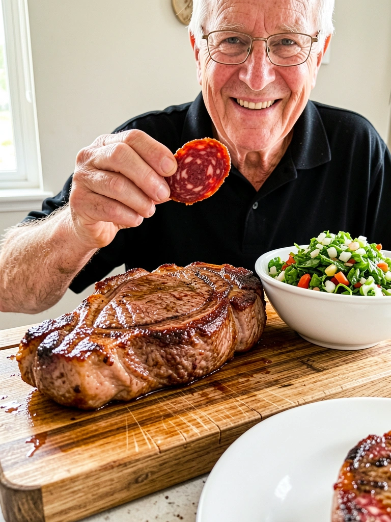 Bife de chorizo suculento em tábua de madeira com salada verde, idoso sorridente ao fundo segurando um pedaço, luz natural.