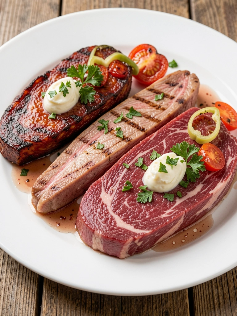 Três cortes de carne bovina grelhados em prato branco com molho de alho, tomate-cereja e pimenta, sobre mesa de madeira rústica, luz natural.