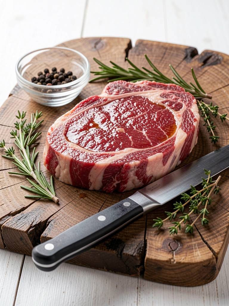 Bife de costela bovina cru sobre tábua de madeira rústica, com tigela de pimenta-do-reino, galhos de alecrim e tomilho, e faca de cozinha de cabo preto.