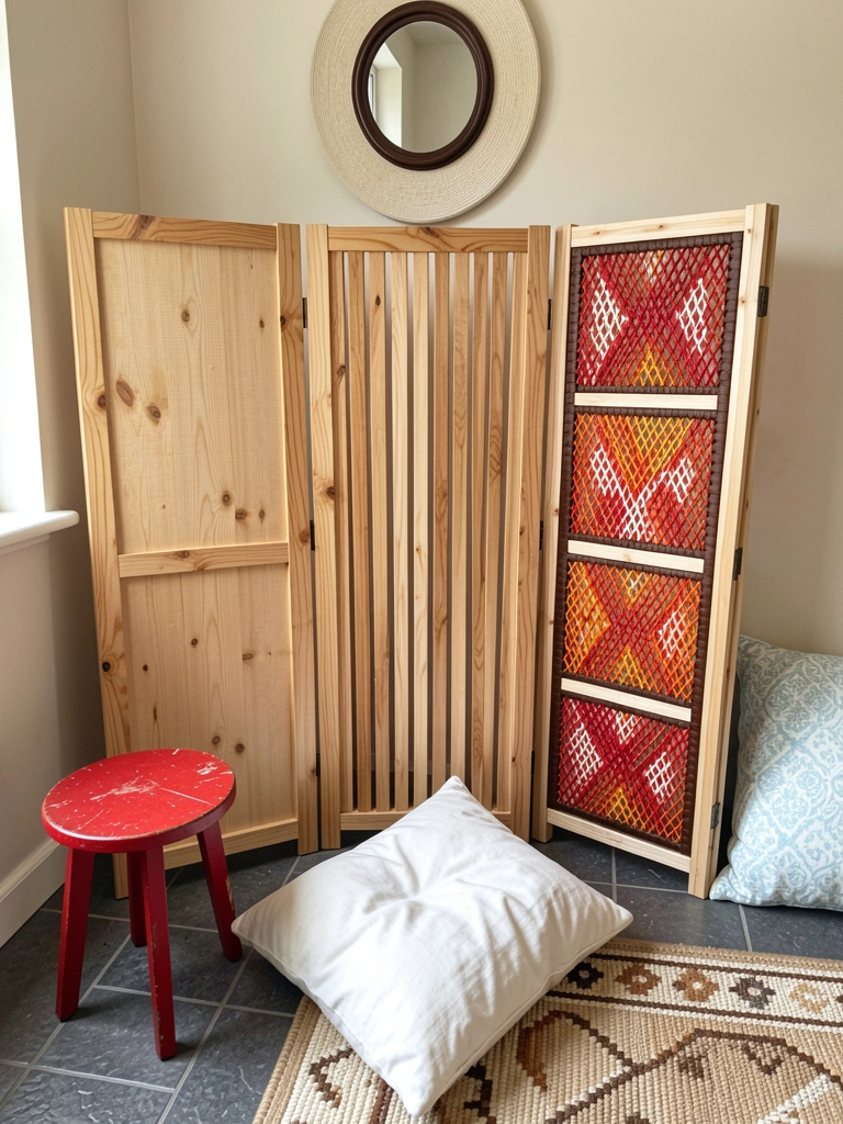 Três biombos de madeira com acabamentos natural, ripado e reciclado, alinhados em um ambiente claro.