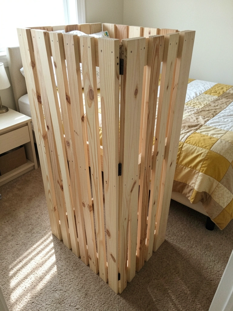 Biombo ripado de madeira em sala iluminada, com luz natural filtrando-se entre as ripas e projetando sombras no chão.