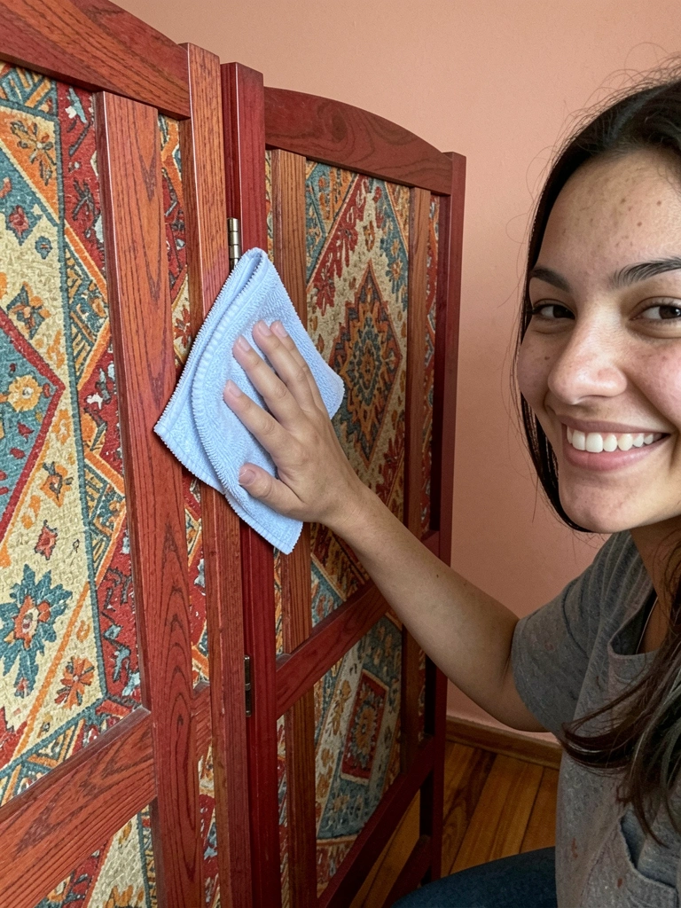 Mão segurando pano de microfibra azul limpando superfície de painel de madeira clara.