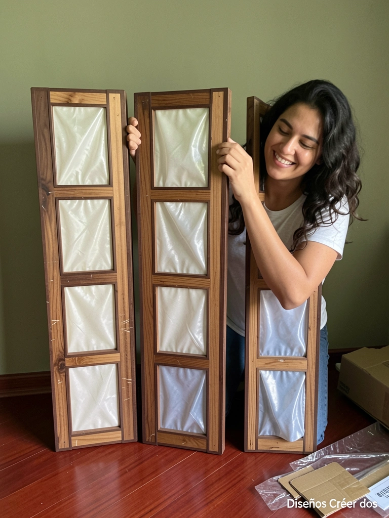 Pessoa encaixando painéis de um biombo de madeira sobre uma mesa.