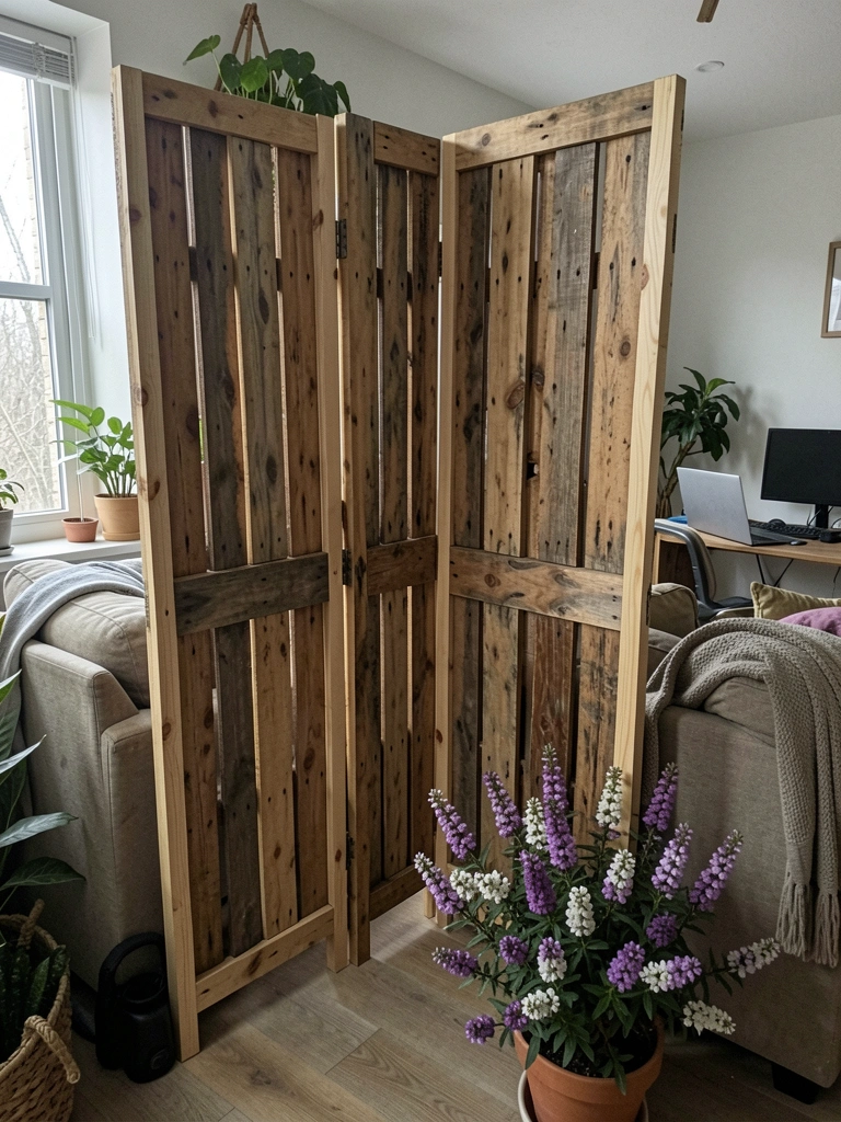 Biombo de madeira com ripas finas separa sala de estar de home office, com vasos de plantas ao lado.