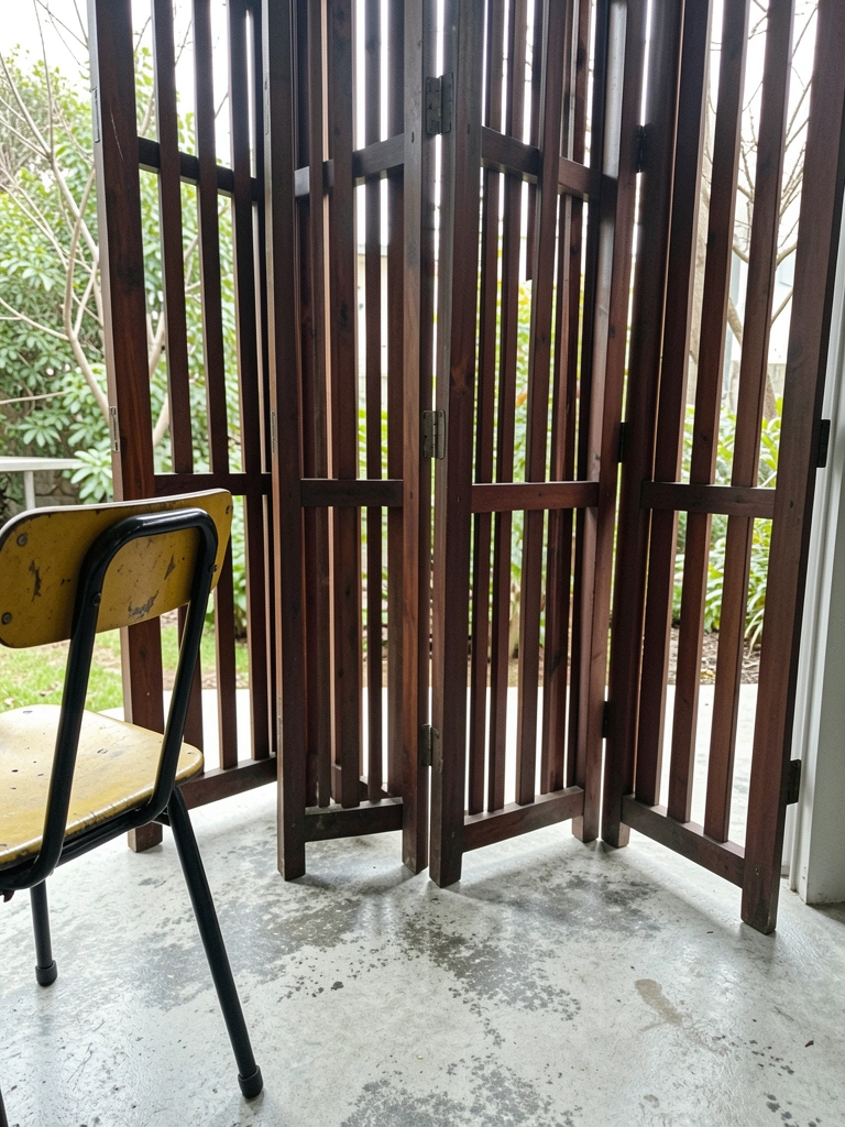 Biombo ripado de madeira em sala iluminada por luz natural, com sombras projetadas no chão.