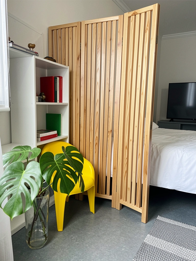 Biombo de madeira posicionado atrás da cama, delimitando área de vestir.
