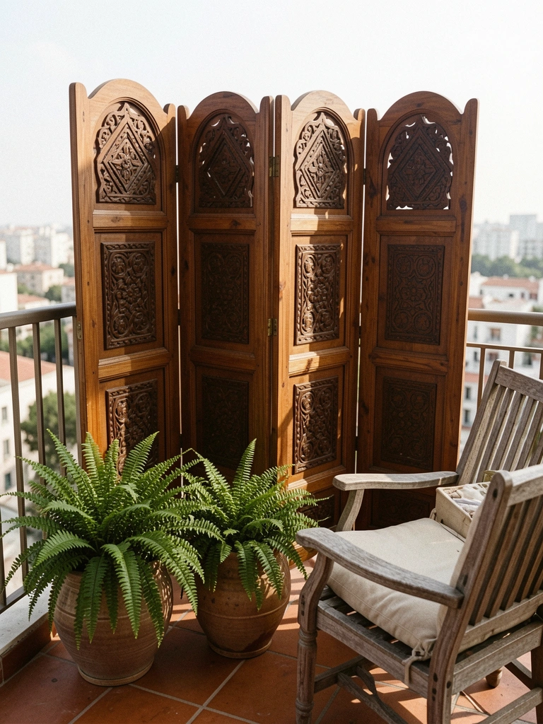 Biombo de teca em varanda com vasos de plantas e cadeiras de vime.