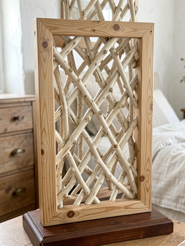 Biombo de pinho com acabamento natural em quarto decorado em estilo campestre, com cama de ferro e roupa de cama clara.