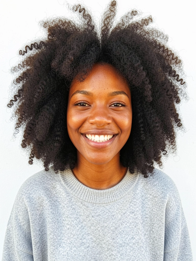 Jovem negra com cabelo afro volumoso e texturizado, sorrindo, usando suéter cinza claro, fundo branco e iluminação natural suave.