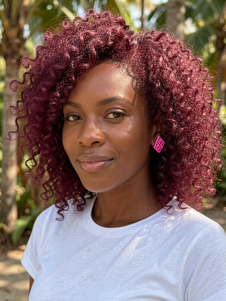 Mulher negra com cabelo crespo vinho e brinco geométrico rosa, luz natural suave no rosto, fundo tropical desfocado.