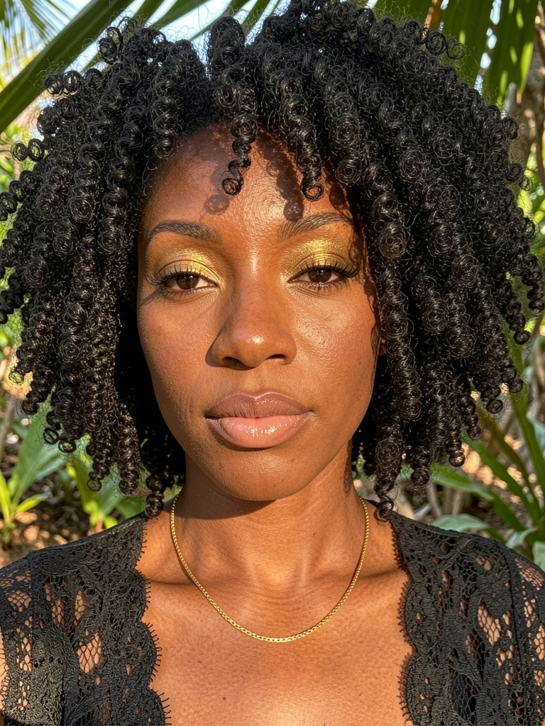 Mulher negra com cabelo afro volumoso, sombra dourada e colar de ouro fino, luz natural suave e fundo tropical desfocado.
