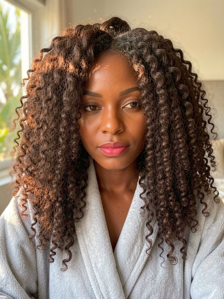 Luz natural suave destaca cabelo crespo volumoso e roupão cinza claro em close de mulher negra com olhar sereno.