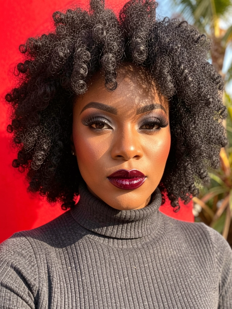 Close-up de mulher negra com cabelo afro volumoso, batom vinho e suéter cinza, fundo vermelho vibrante.