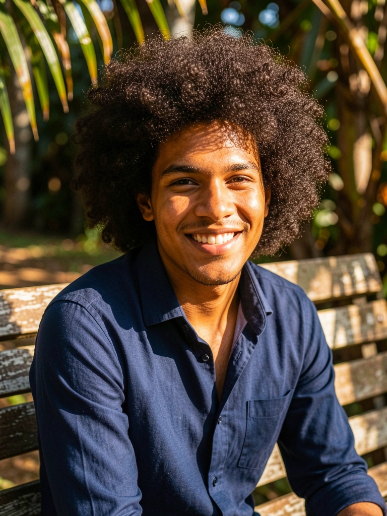 Jovem de cabelo afro volumoso em camisa azul escura sentado em banco de madeira desgastado, luz natural filtrada por folhas ao fundo desfocado.
