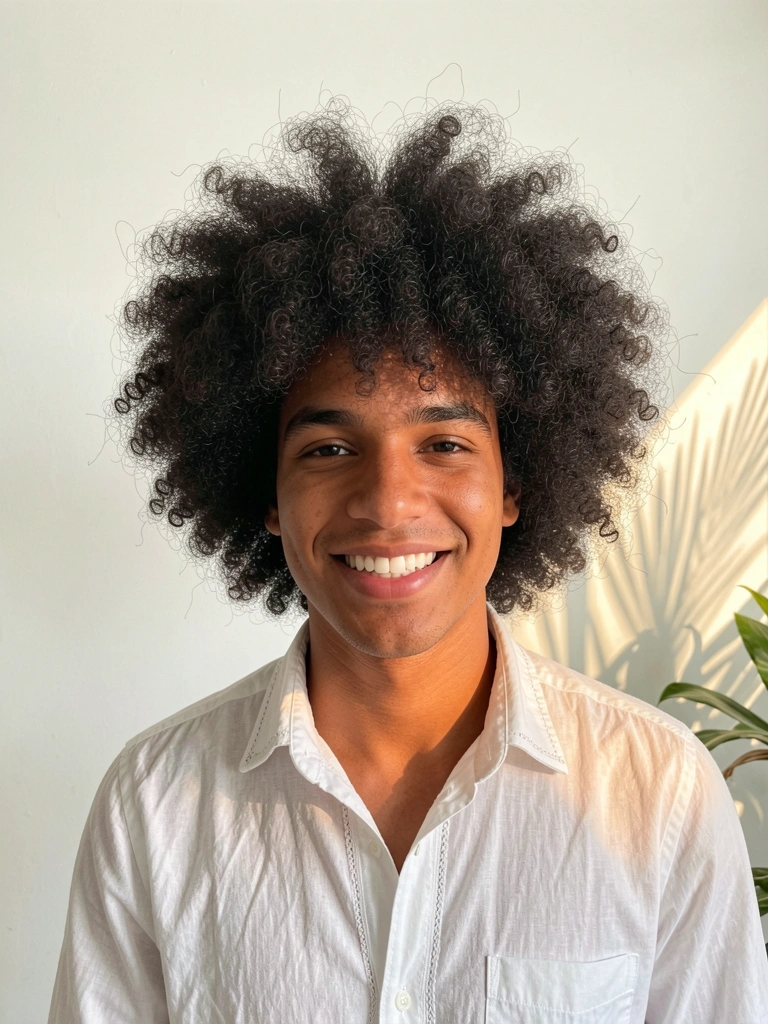 Homem com afro volumoso, camisa branca com bordados, sorrindo sob luz natural suave contra parede branca.