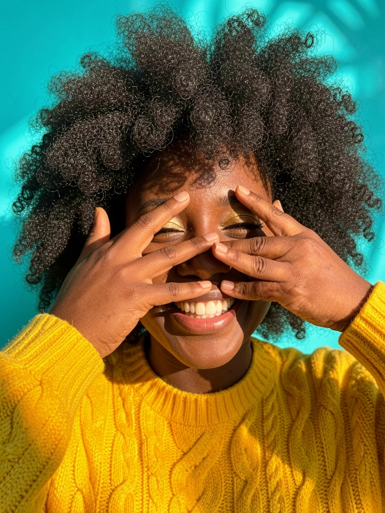 Mulher negra com afro volumoso e suéter amarelo, mãos cobrindo o rosto, fundo turquesa, luz natural quente.