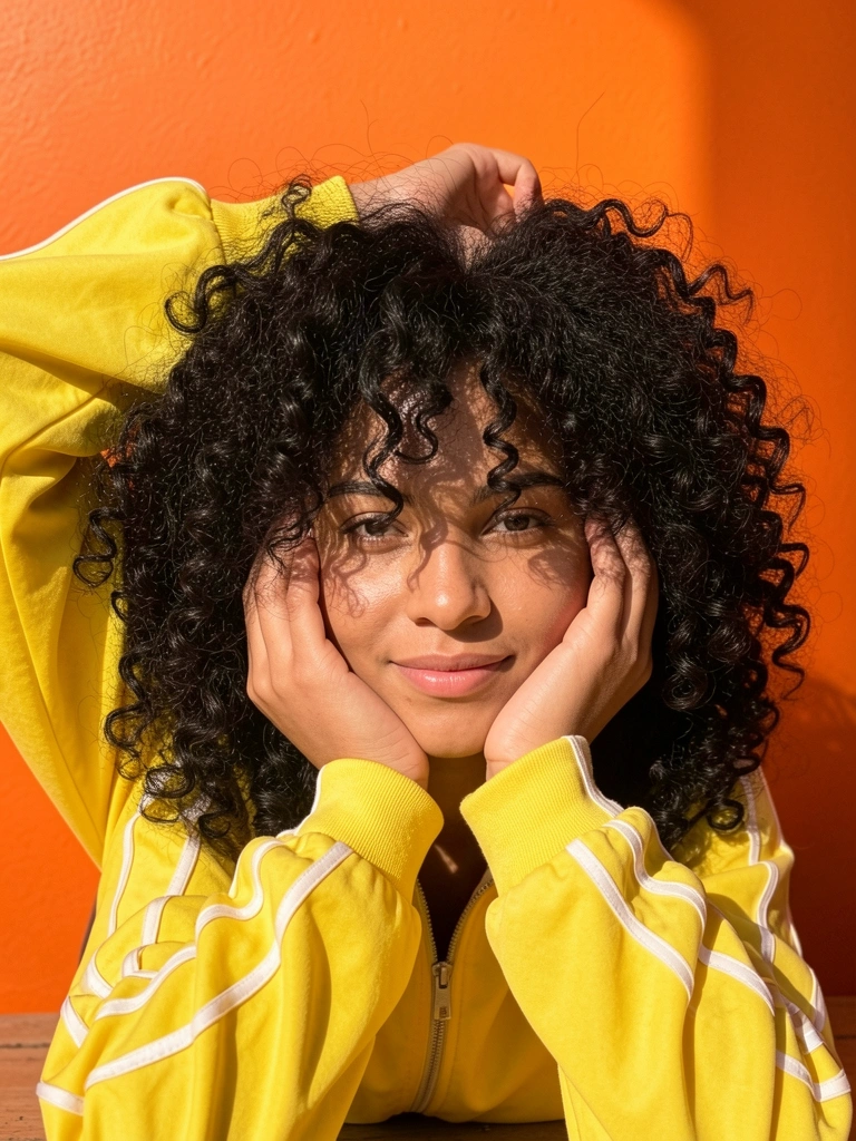 Jovem de cabelo cacheado volumoso e jaqueta amarela com listras brancas deitada de bruços, mãos apoiando o rosto, sorriso sutil, fundo laranja sólido e luz natural.