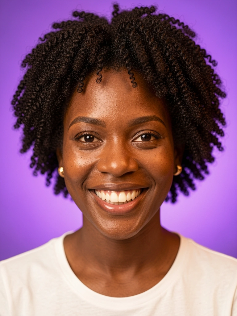 Close-up de mulher negra com cabelo afro crespo, sorriso radiante e brincos dourados, fundo roxo vibrante e iluminação suave e quente.