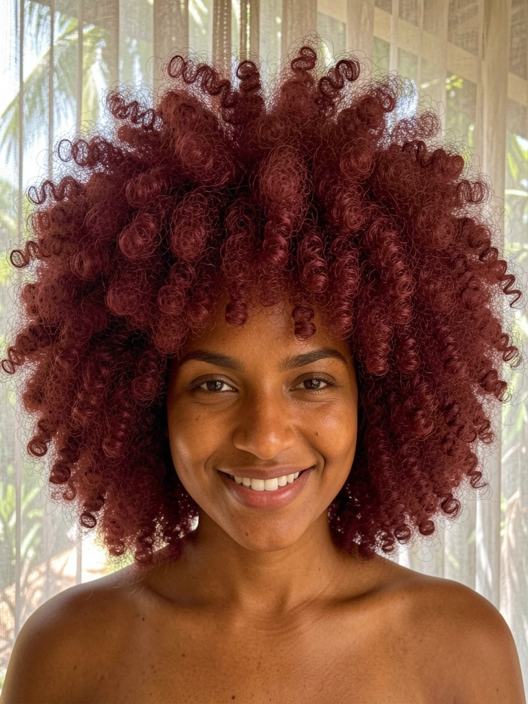 Afro volumoso castanho-avermelhado em close, pele morena brilhante, sorriso caloroso, luz suave filtrada por cortina.