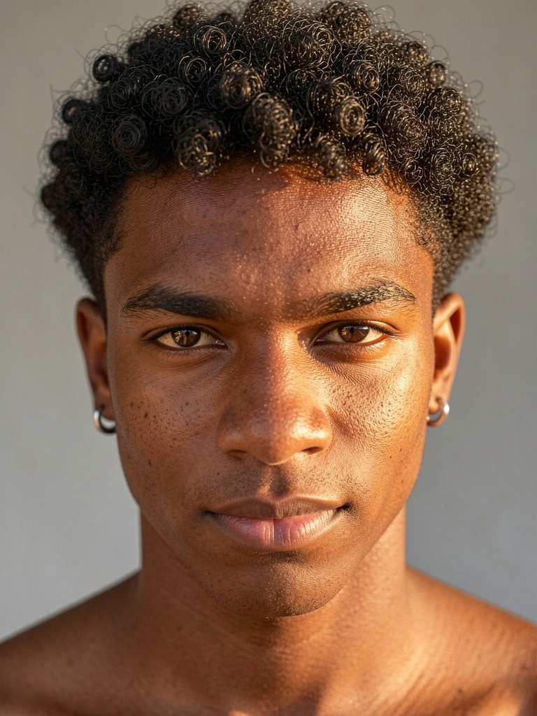 Homem negro jovem com cabelo crespo escuro, olhos castanhos intensos, brincos de prata e pele com textura realista, fundo cinza neutro iluminado por luz natural.
