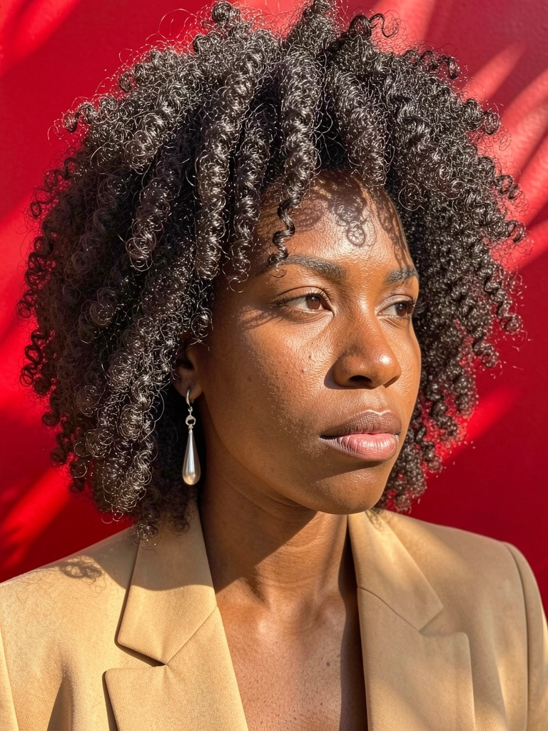 Close-up de mulher negra com cabelo afro volumoso, blazer bege e brincos de prata, fundo vermelho vibrante e luz natural.