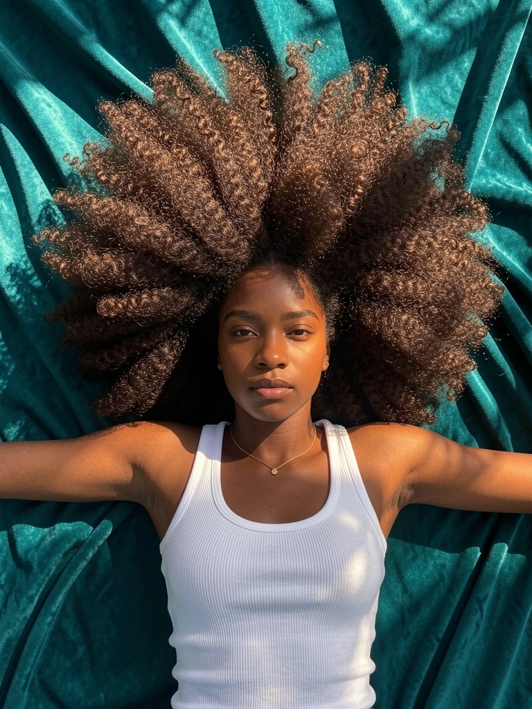 Mulher negra deitada com cabelo afro volumoso sobre tecido verde-azulado texturizado, luz natural destacando os fios.