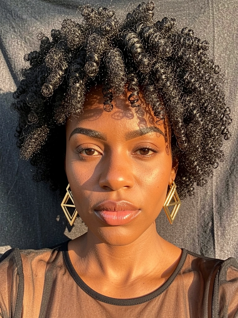 Close-up de uma mulher negra com cabelo afro volumoso, texturizado e brilhante, usando brincos geométricos dourados e vestido preto transparente, fundo cinza escuro texturizado e luz natural suave.