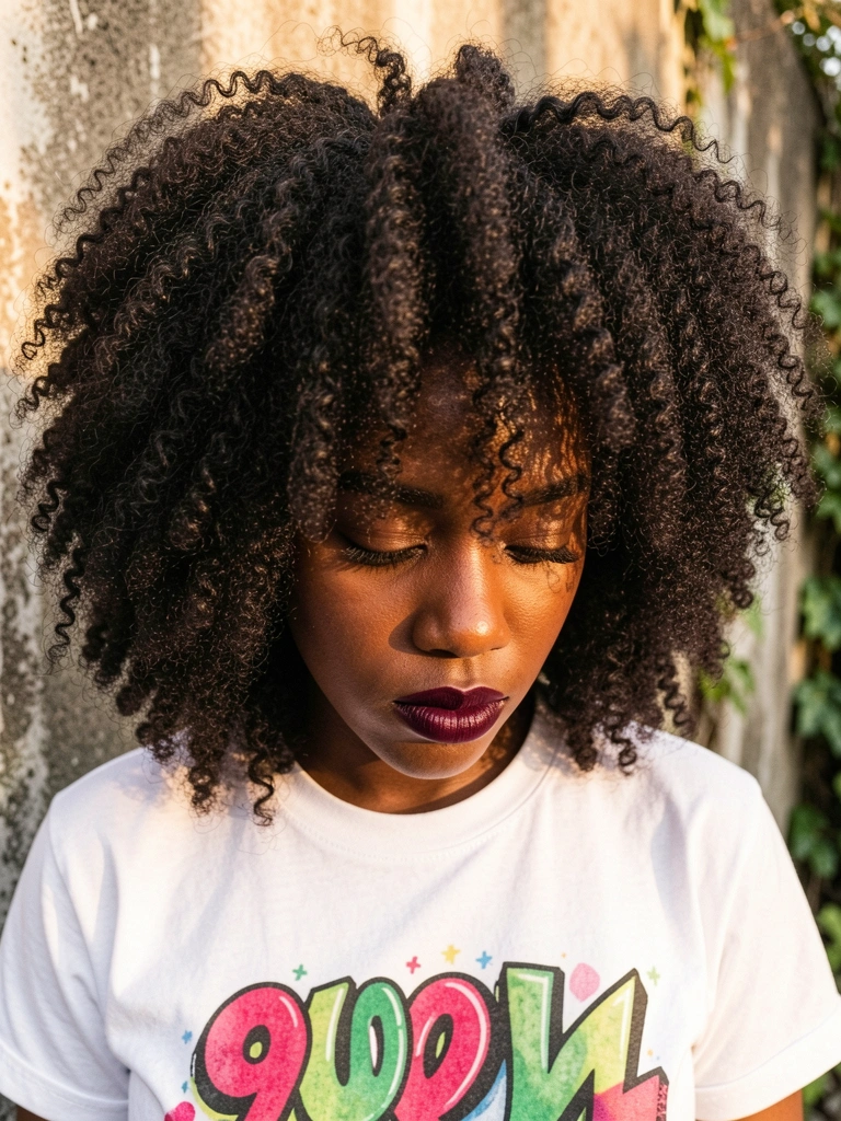 Jovem negra com cabelo afro volumoso, batom vinho e camiseta branca com grafite anos 90, olhar baixo e luz difusa contra parede de concreto.