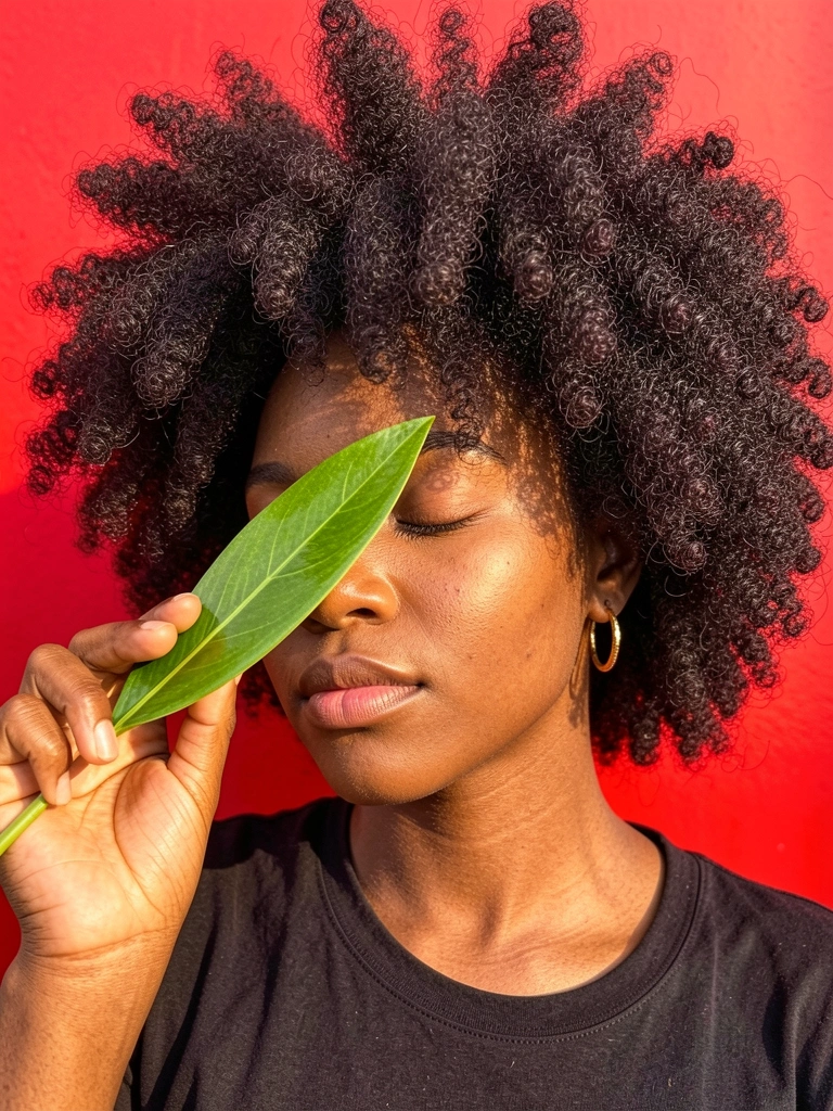 Mulher negra de cabelo afro volumoso segurando folha verde contra os olhos fechados, fundo vermelho, luz natural suave.