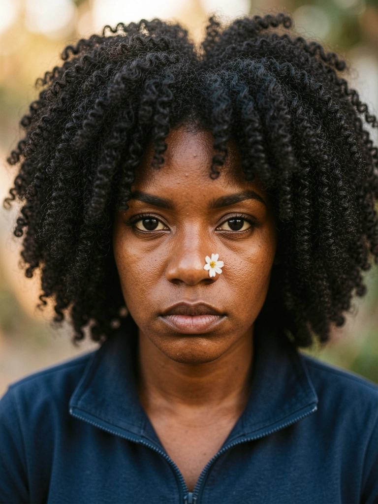 Mulher negra de cabelo crespo volumoso em close, jaqueta azul escura, flor pequena no nariz, luz natural suave e fundo desfocado.