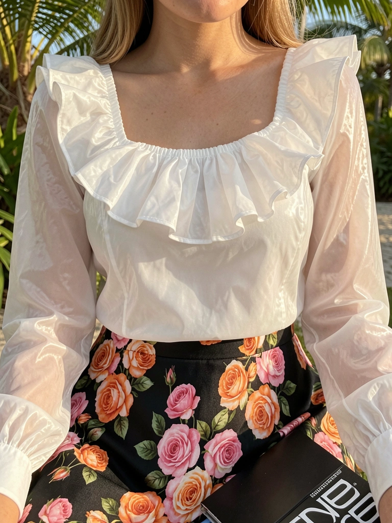 Blusa branca de acetato com babados no decote quadrado e mangas longas, sobre saia preta com estampa floral de rosas cor-de-rosa e laranja, luz natural do dia.