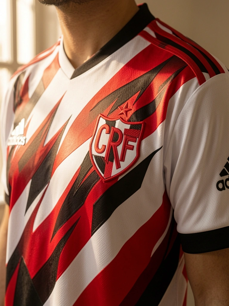 Close-up de camisa de futebol do Flamengo branca com chamas vermelhas e pretas, escudo CRF e estrela vermelha no peito, logotipo Adidas na manga, tecido texturizado sob luz difusa.