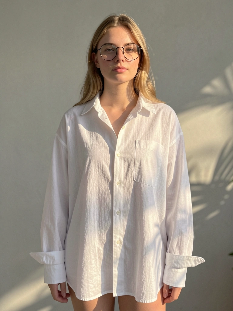 Camisa branca oversized em mulher com óculos redondos, luz natural difusa e fundo cinza neutro.