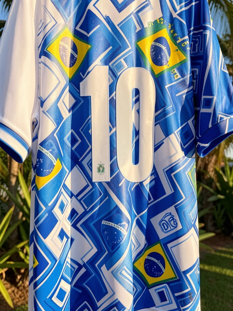 Camisa branca de futebol com padrão geométrico azul e bandeira do Brasil, número 10, pendurada sob luz natural tropical.