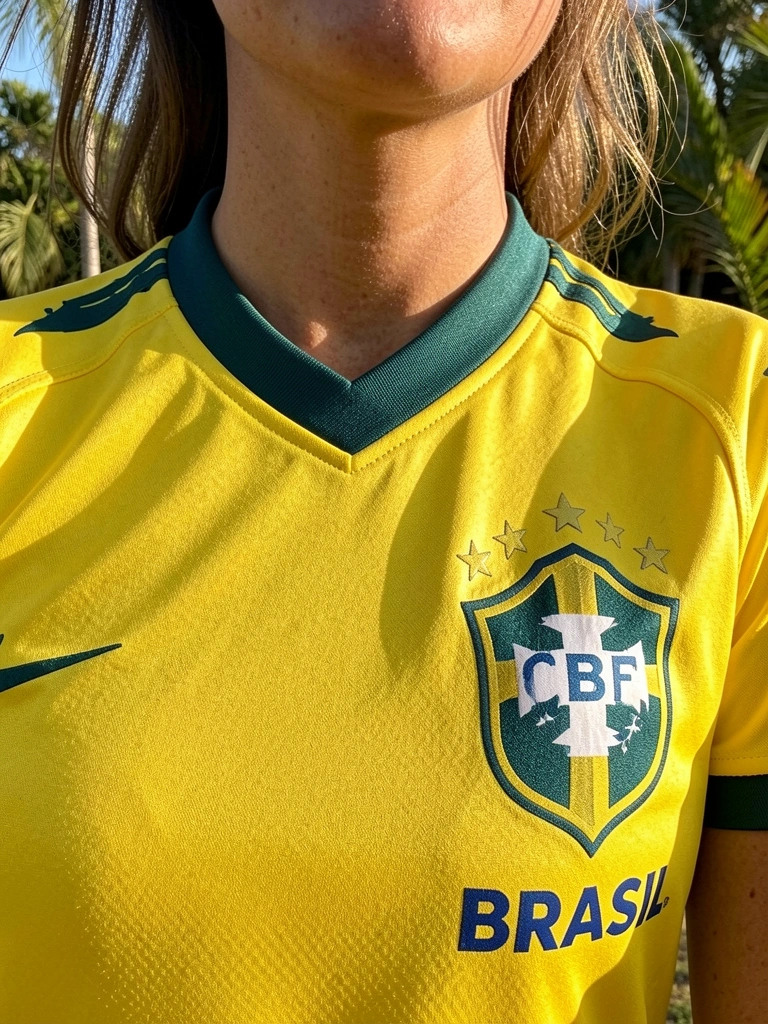 Close-up de mulher com camisa amarela da seleção brasileira, gola verde-escura, estrelas e textura do tecido em destaque, fundo com folhagens tropicais e luz natural.
