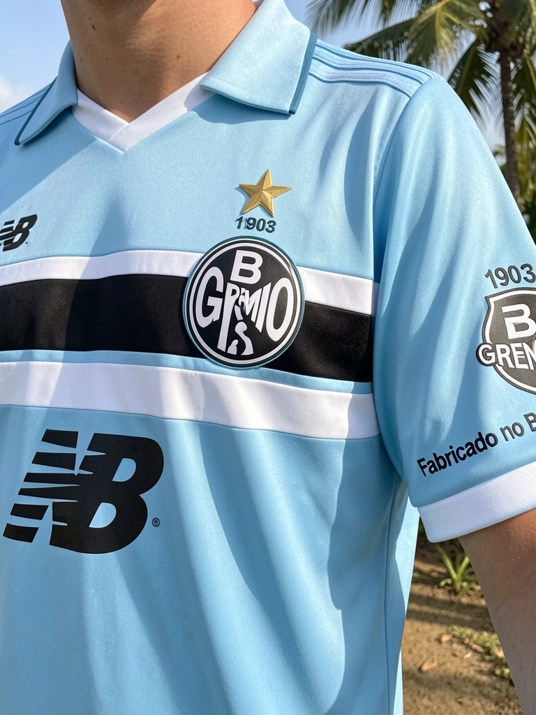 Camisa de futebol azul clara e branca com listra preta no peito, escudo do Grêmio e estrela dourada, luz natural suave.
