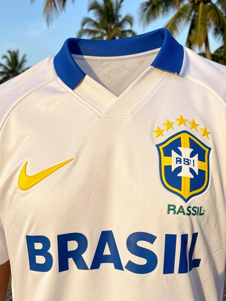 Detalhe da camisa branca da seleção brasileira Nike com gola azul e branca, tecido texturizado sob luz natural.