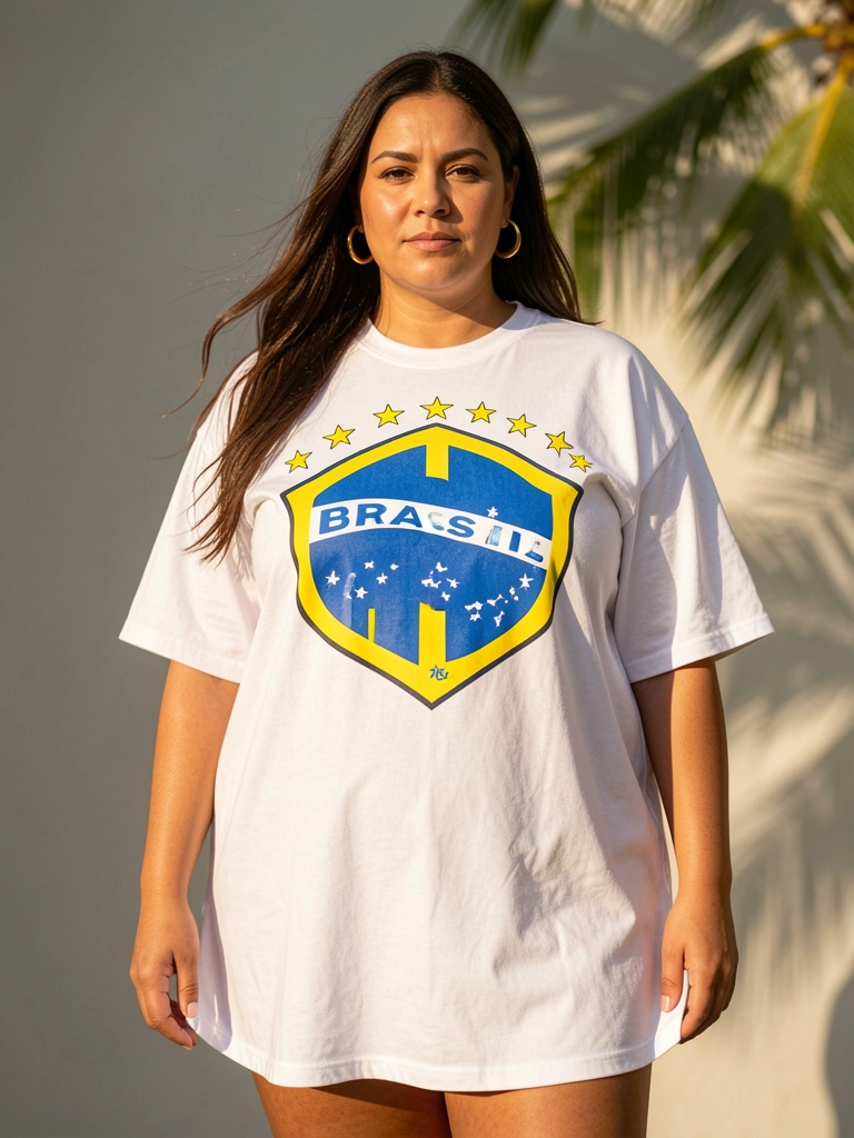 Camiseta branca oversized com estampa detalhada da seleção brasileira, estrelas amarelas e emblema BRASIL azul e branco, mulher plus size de cabelo castanho escuro e brincos de argola dourados, fundo cinza neutro com luz natural.