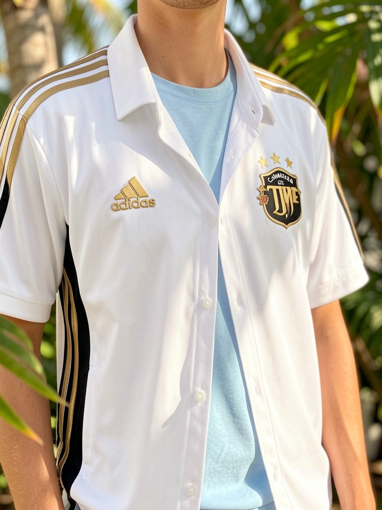 Camisa branca da Adidas com detalhes dourados e logotipo, aberta sobre camiseta azul, luz natural filtrada por folhas.