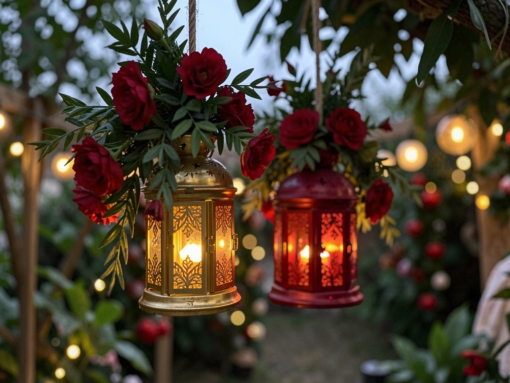 Lanternas dourada e vermelha penduradas em barbante, com flores vermelhas e folhagens, brilho suave e luzes de fundo desfocadas.