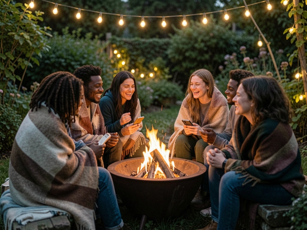 Amigos em volta de fogueira ao ar livre, cobertores e luzes penduradas, jardim desfocado ao fundo.